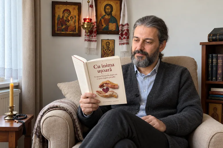 Nectarie Lazăr citind din cartea «Cu inima ușoară»